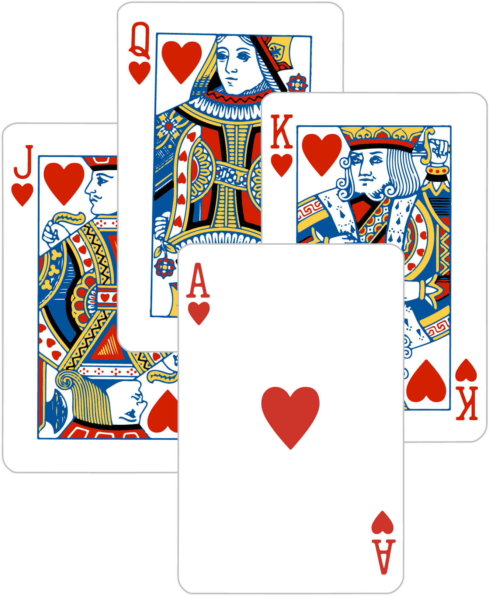 Four hearts cards played to a trick: Jack, Queen, King, Ace